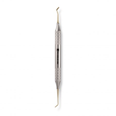 Dental composite instrument for placing dental composites into small dental cavities of all classes. Titanium Nitride coated with the ergonomically #6 handle.
