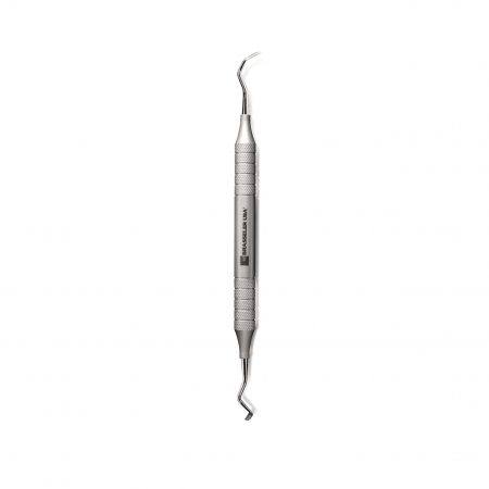 Dental compositze instrument for posterior composite restorations to remove gingival flash and create flush composite margins.Titanium Nitride coated.